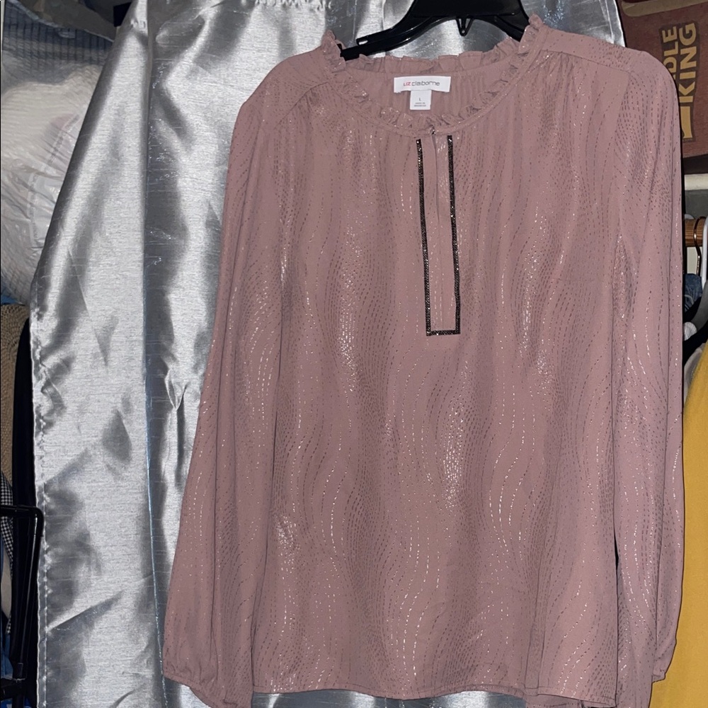 Liz Claiborne Rose Pink Long-Sleeve Ruffle Neck Blouse